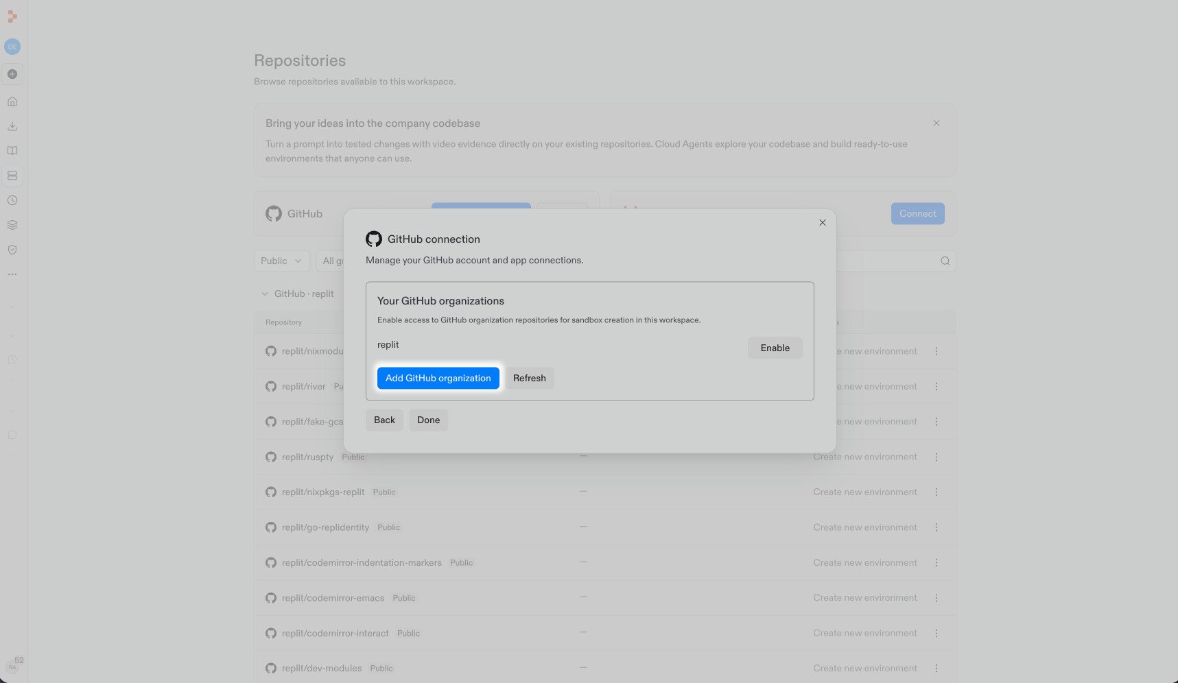 Add GitHub organization이 강조 표시된 GitHub 조직 설정.