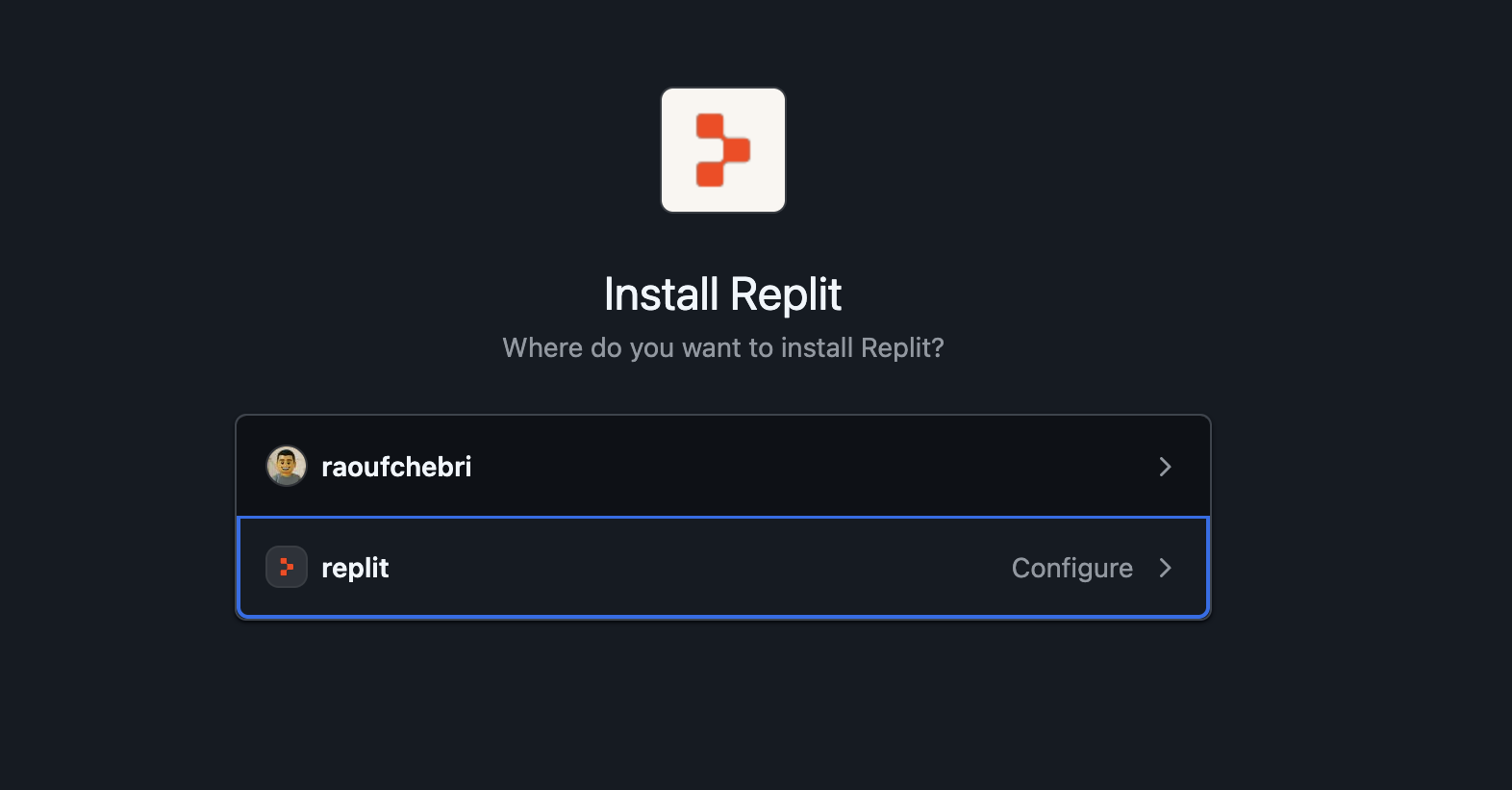 GitHub asking where to install Replit, with the Replit organization available to configure.