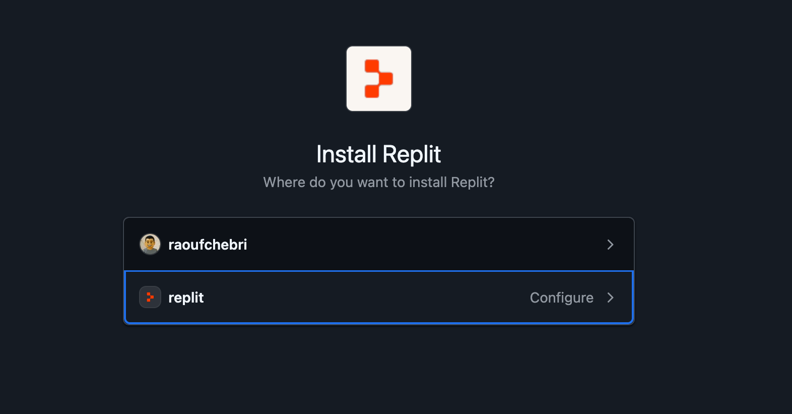 GitHub가 Replit을 설치할 위치를 묻고 있으며, Replit 조직을 구성할 수 있습니다.