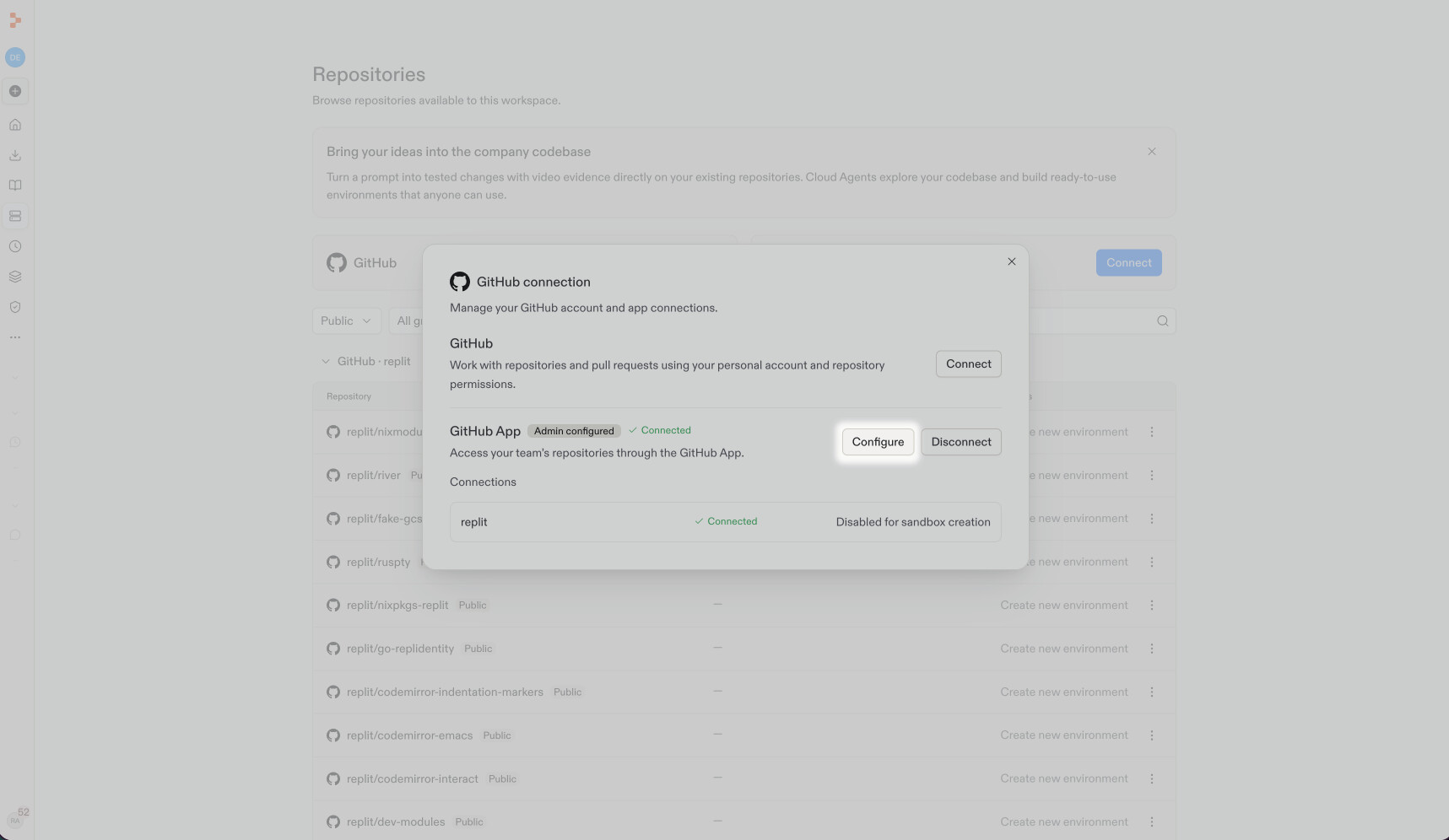 GitHub connection dialog with the Configure button highlighted.