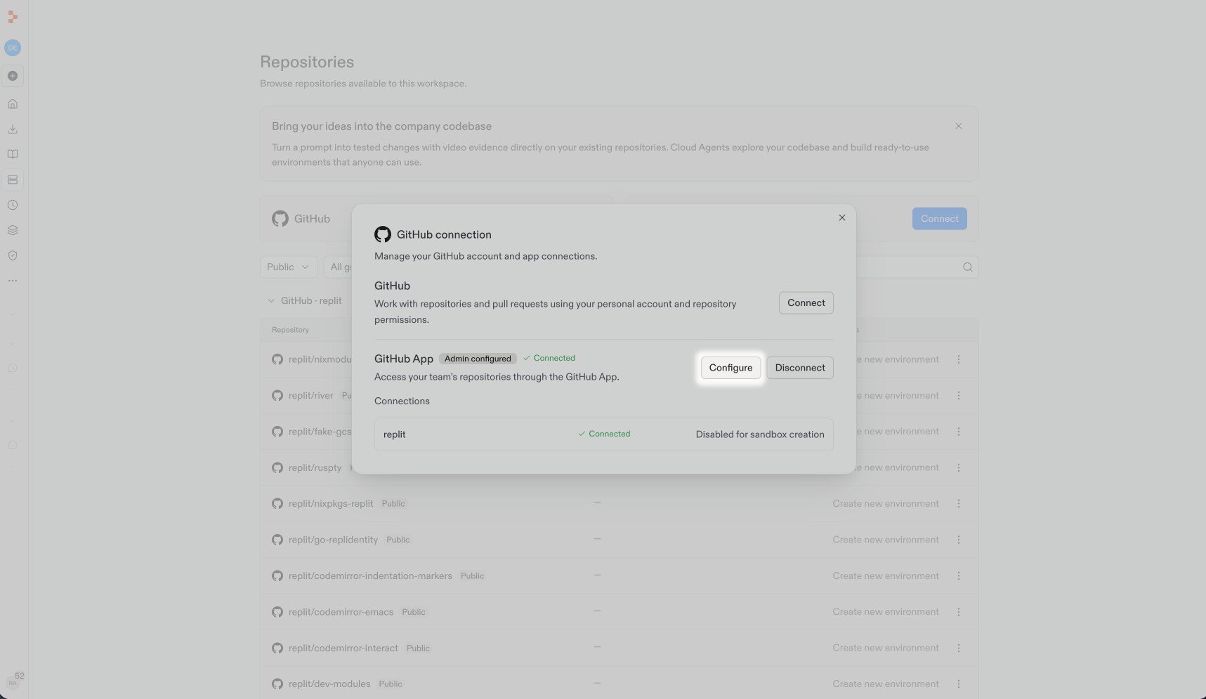 Configure 버튼이 강조 표시된 GitHub 연결 대화 상자.