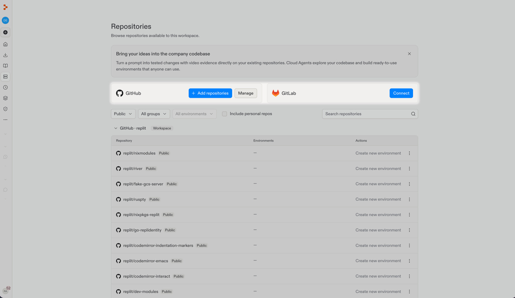 Repositories page with the GitHub and GitLab connection cards highlighted.
