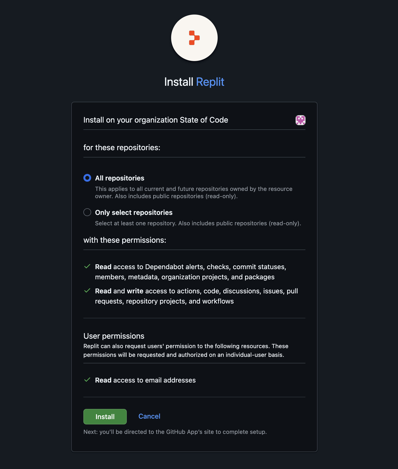 GitHub installation page showing All repositories and Only select repositories options, requested permissions, and the Install button.