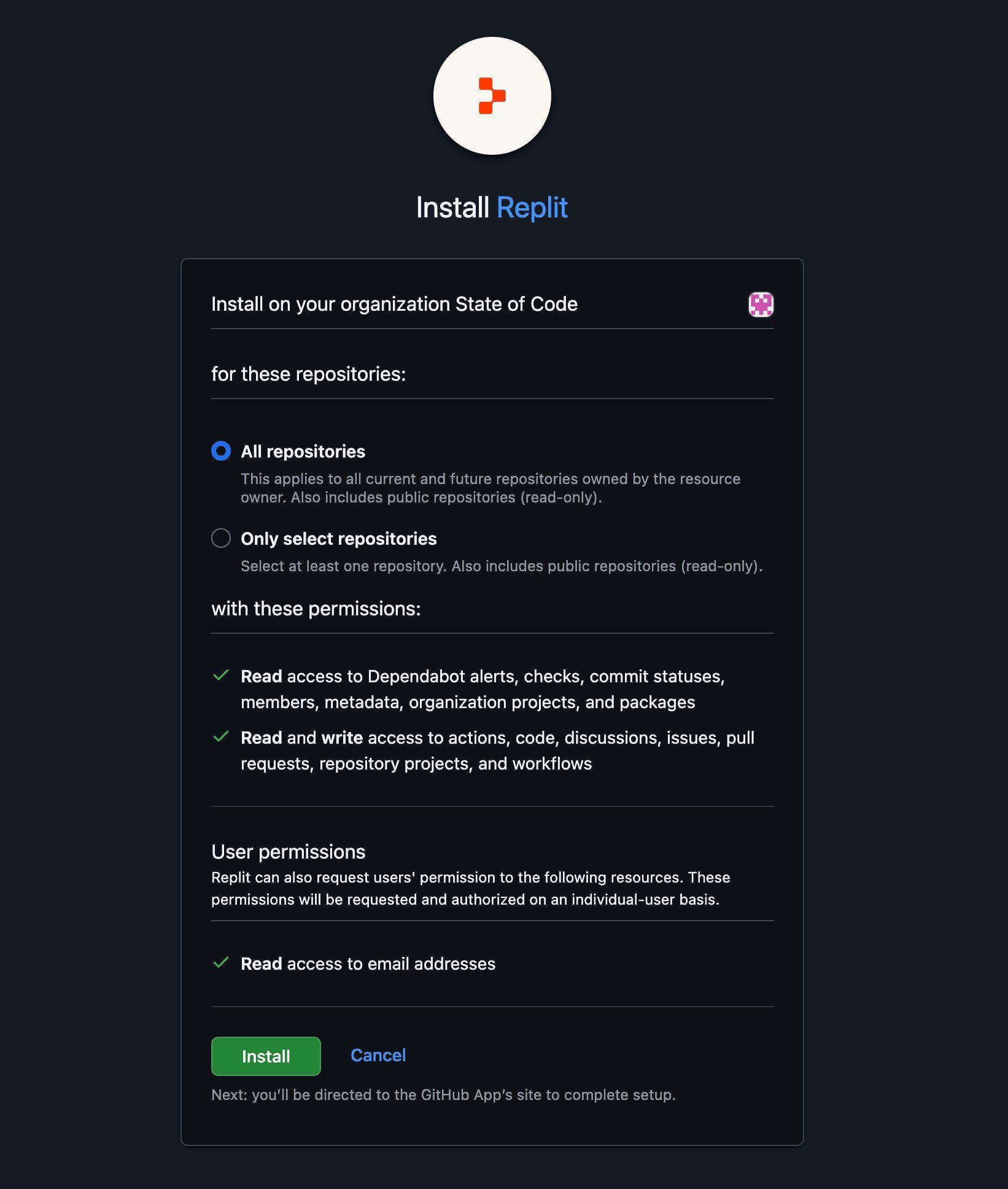 All repositories 및 Only select repositories 옵션, 요청된 권한, Install 버튼이 표시된 GitHub 설치 페이지.