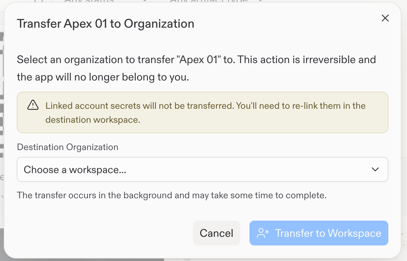 Transfer dialog with a destination workspace selector, linked Account Secrets warning, and Transfer to Workspace button