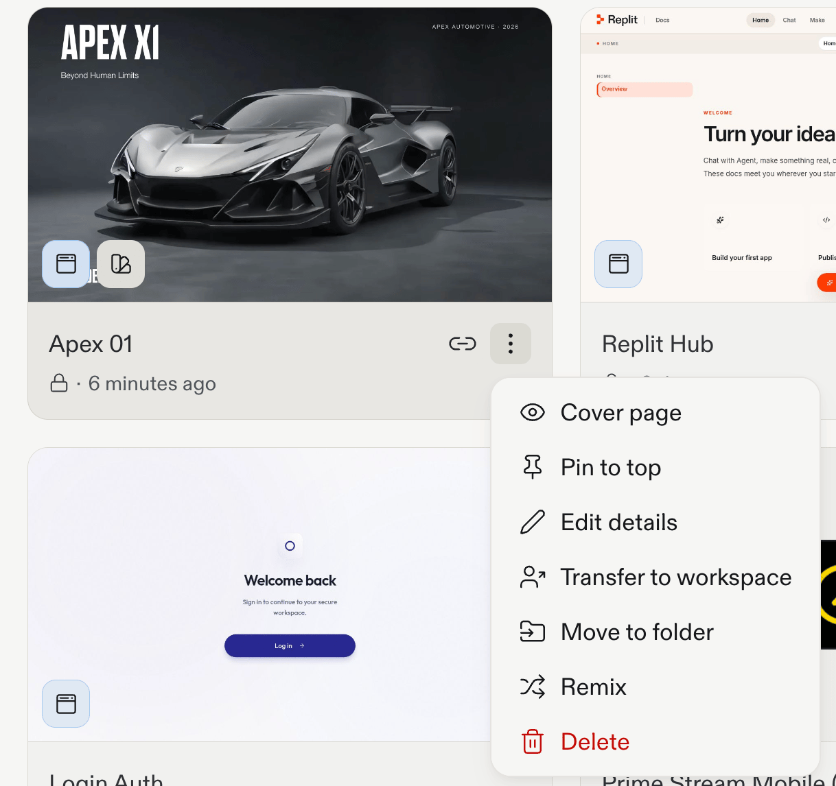 Project card menu with Transfer to workspace action