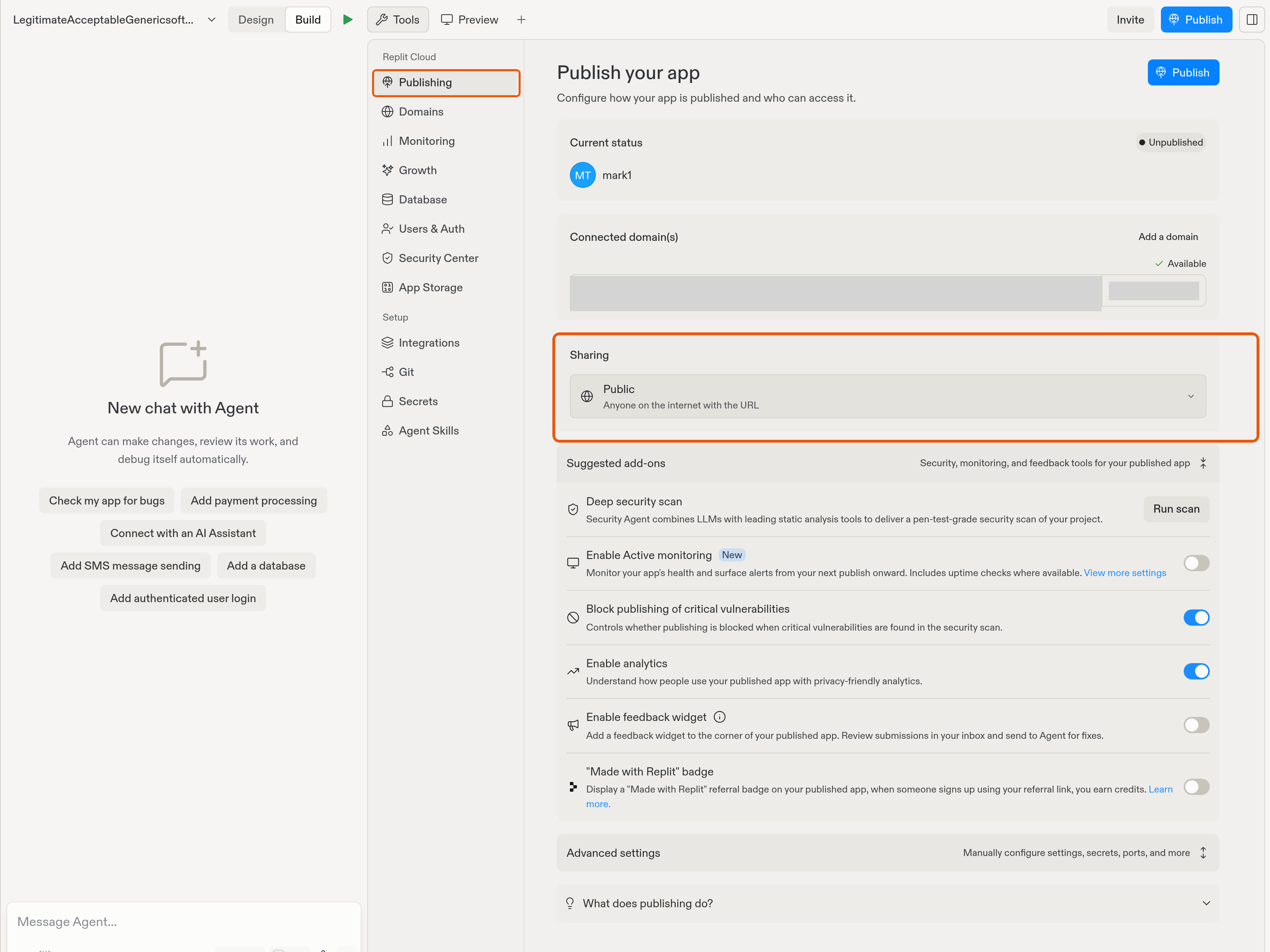 Project Editor with Tools open, the Publishing navigation entry highlighted, and the Sharing section highlighted in the Publishing tool with Public selected