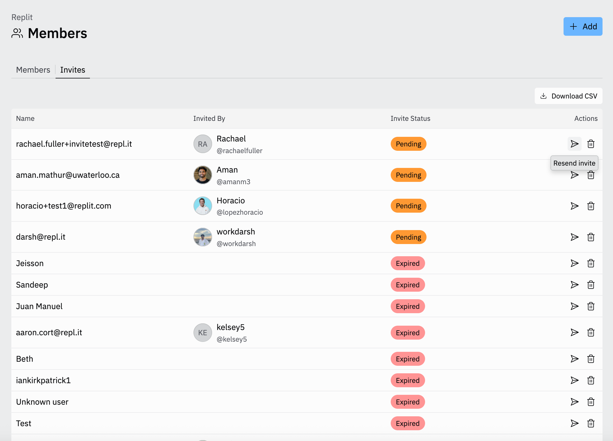 Team invitation management interface