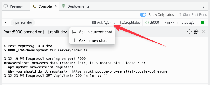 Ask Agent UI dropdown with chat history