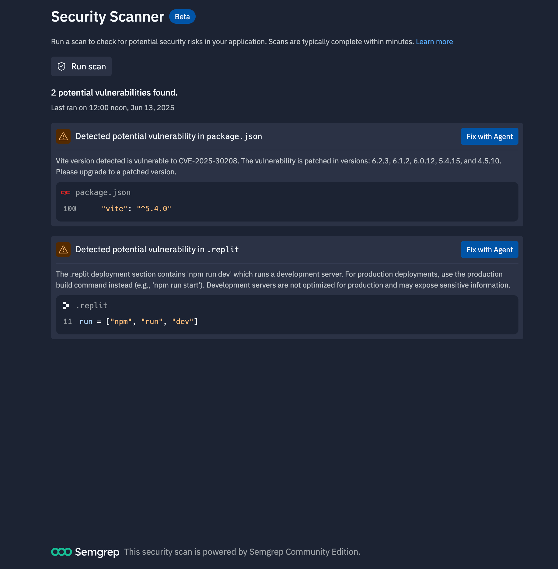 Security scanner interface showing Vite vulnerability detection