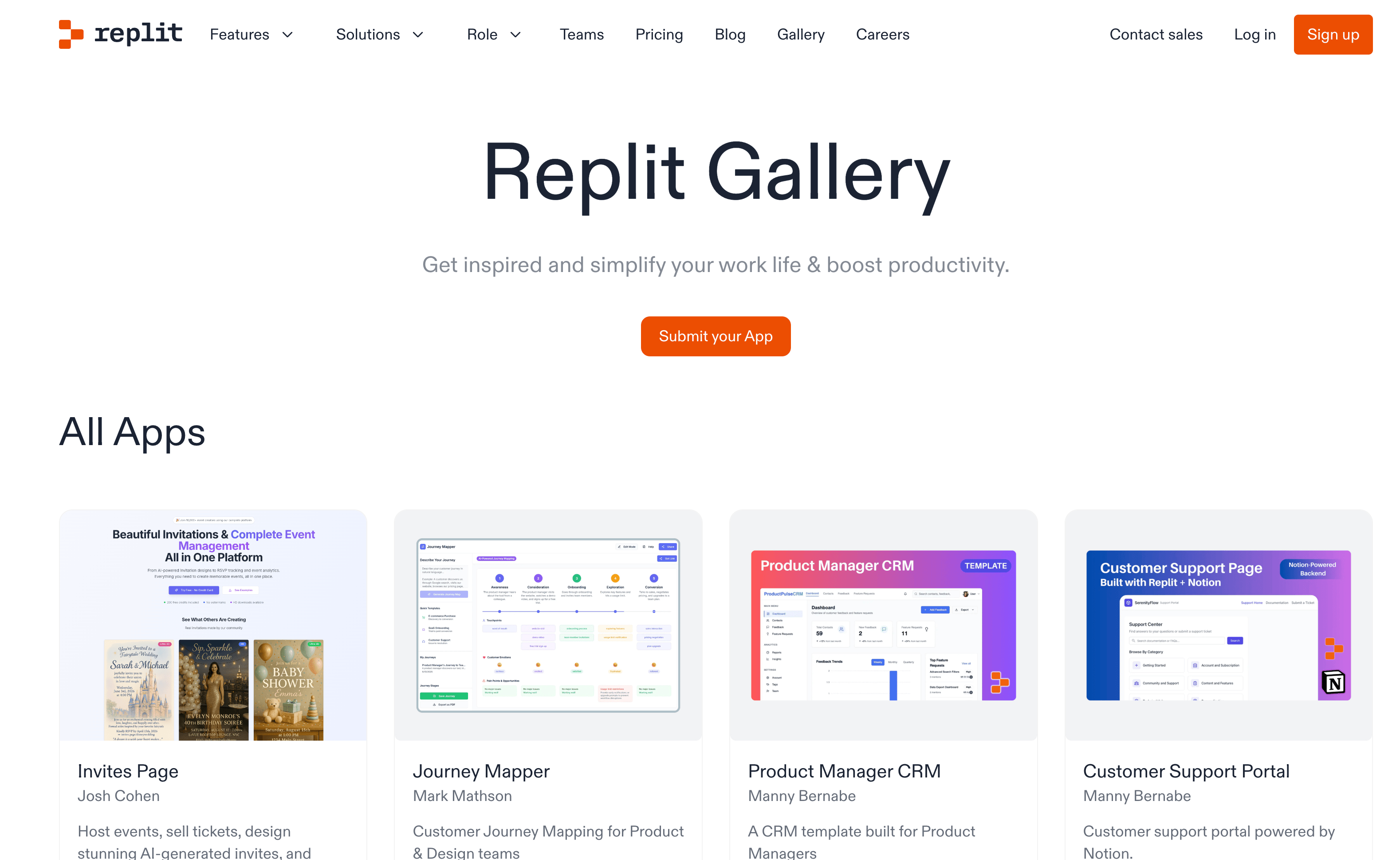 Replit Gallery showcasing community projects and apps