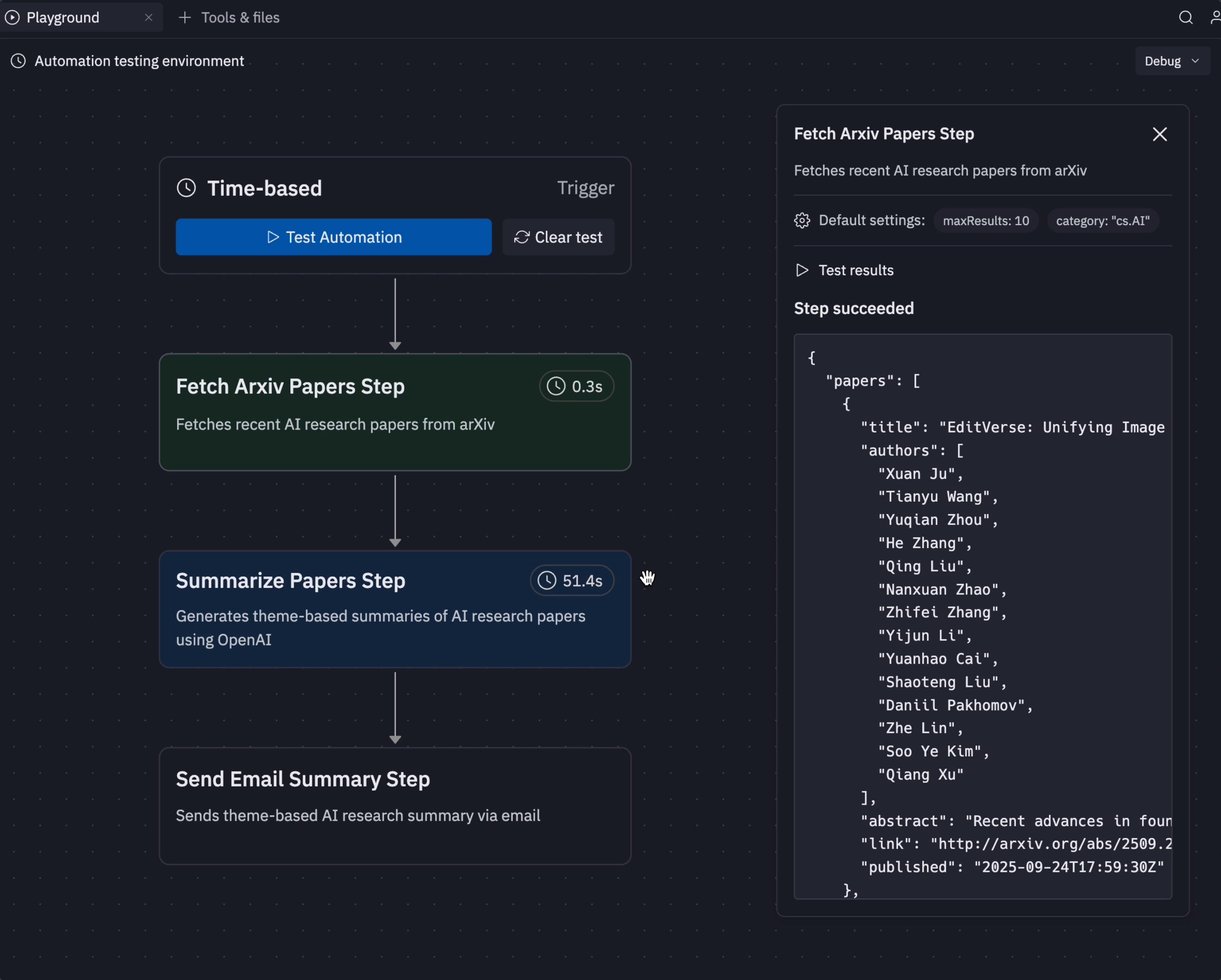 Live test results for workflow automations