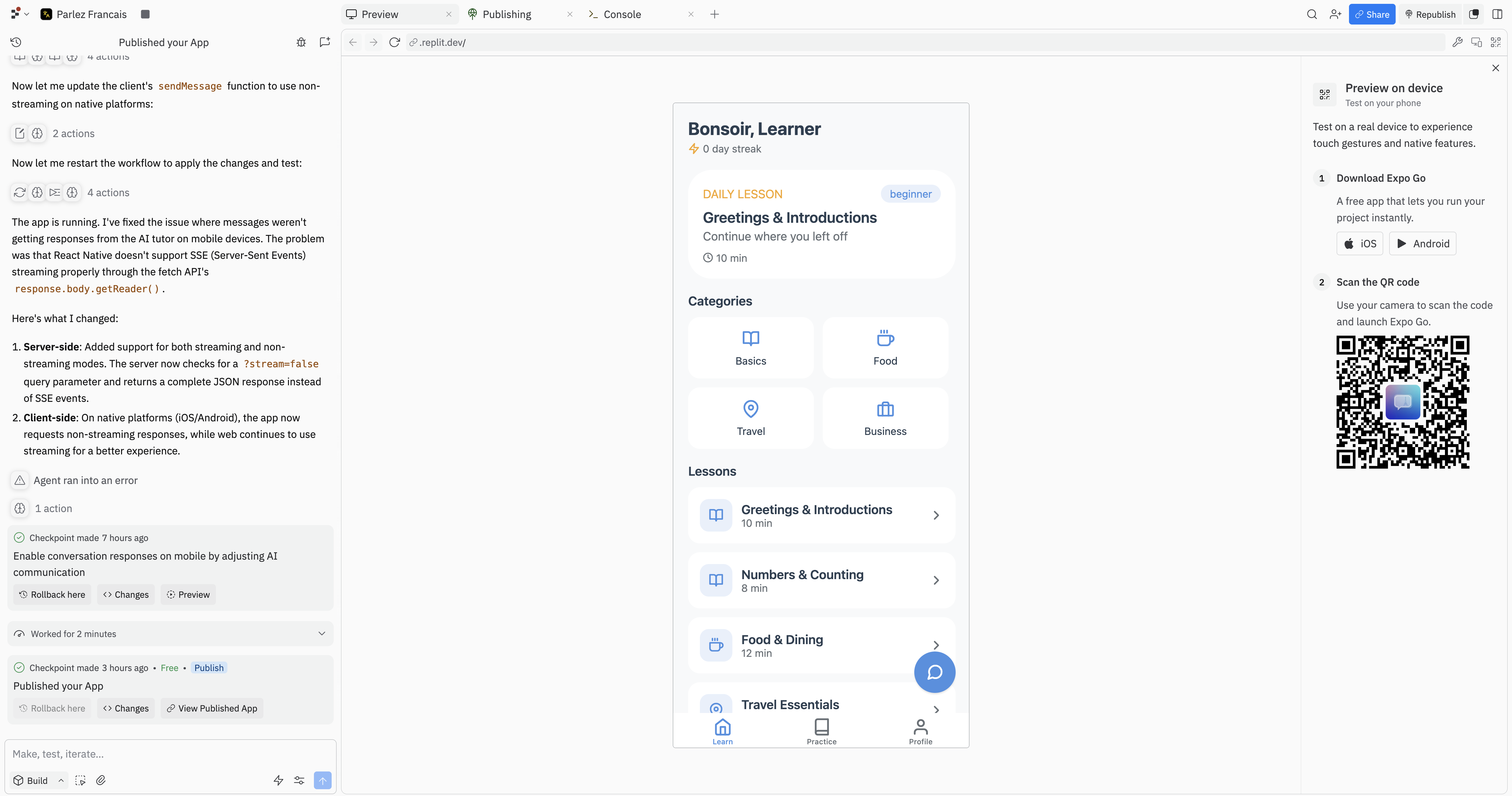 Mobile app running in the Replit Workspace preview with the Preview on device panel and QR code