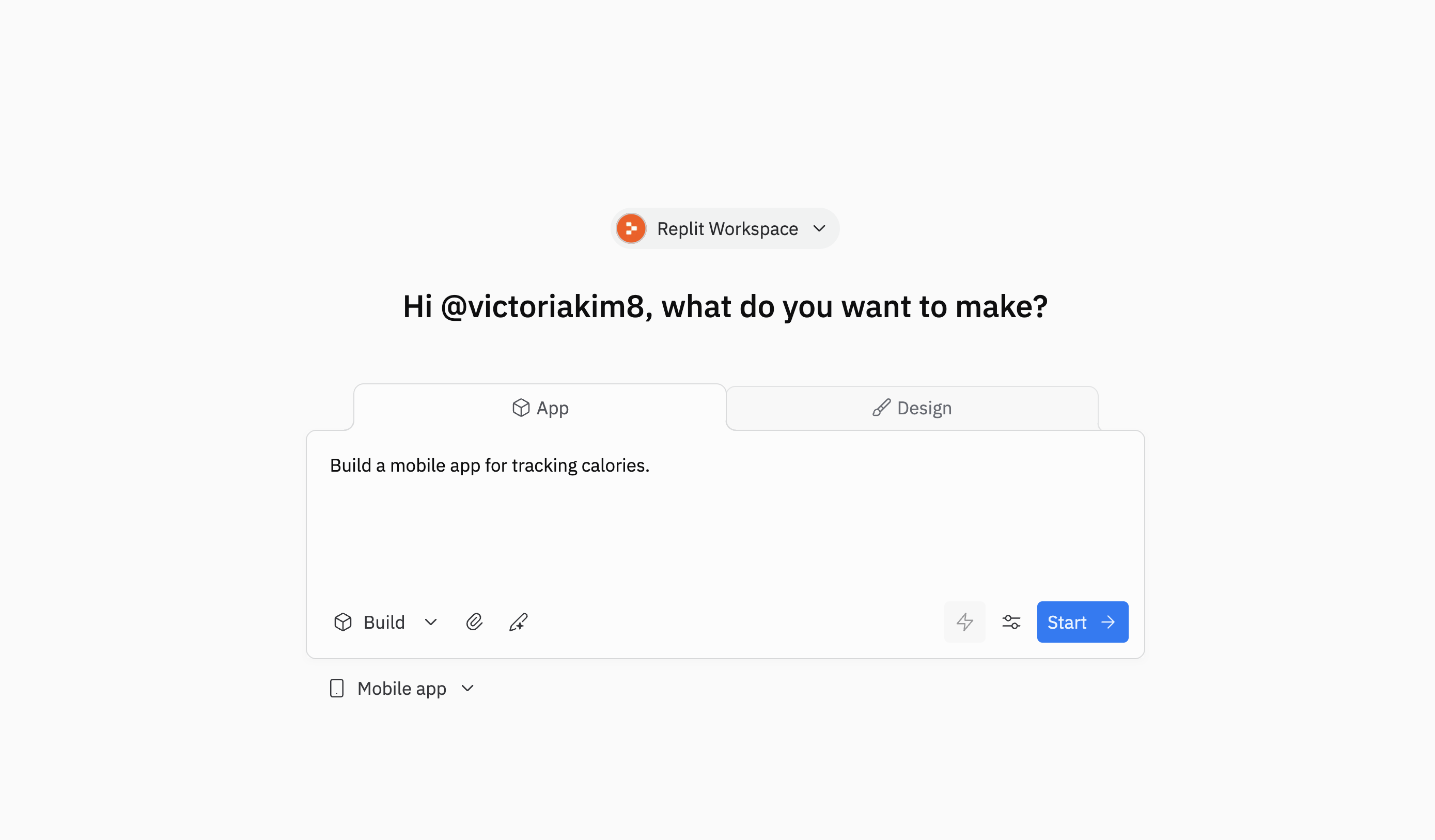 Replit home screen prompt with Mobile app selected as the app type