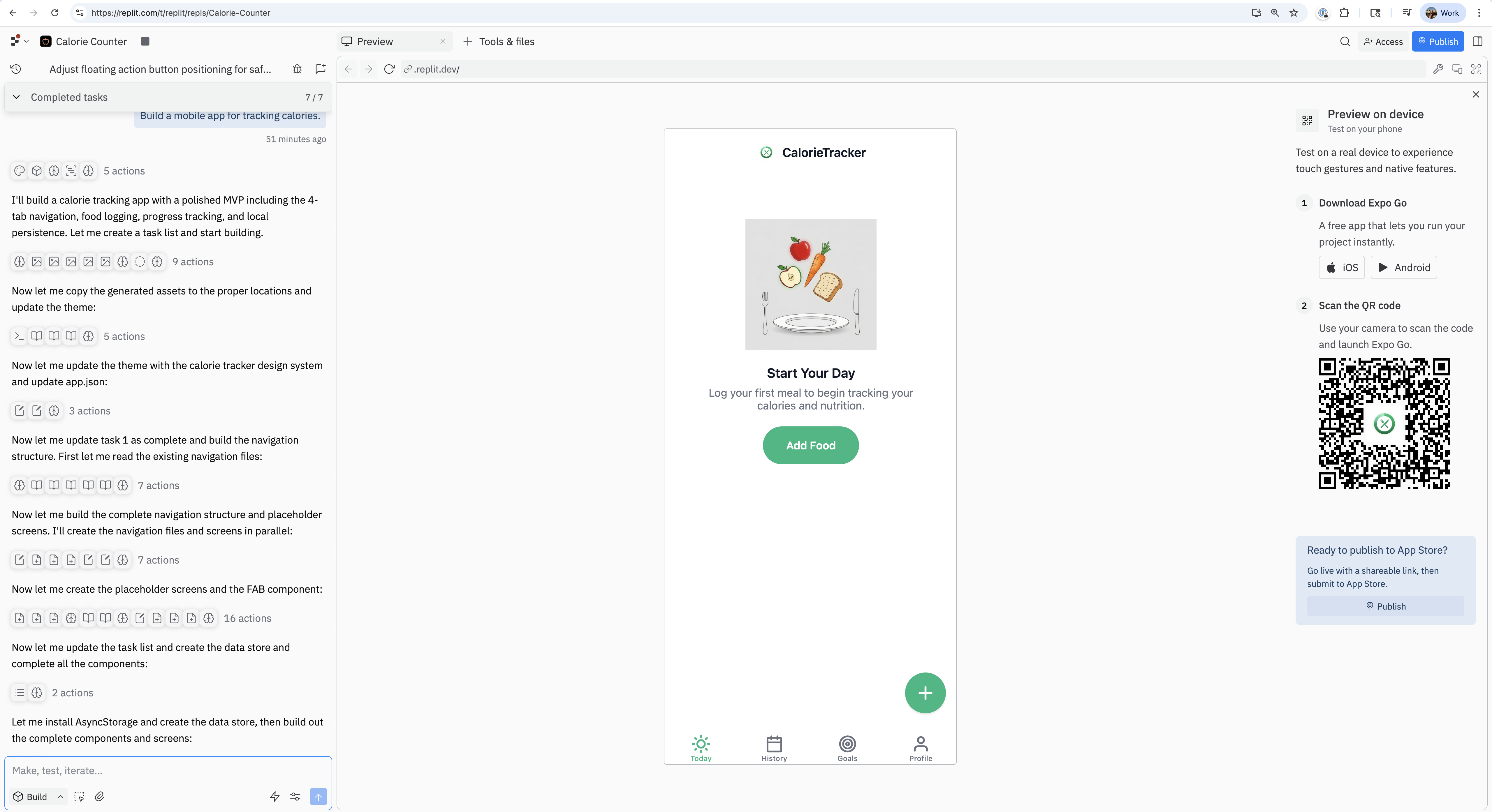 Replit Workspace showing the app preview and the Preview on mobile device option