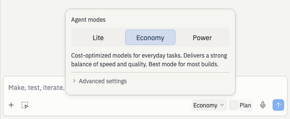 Agent modes popover with Lite, Economy, and Power as a segmented control and Advanced settings collapsed below
