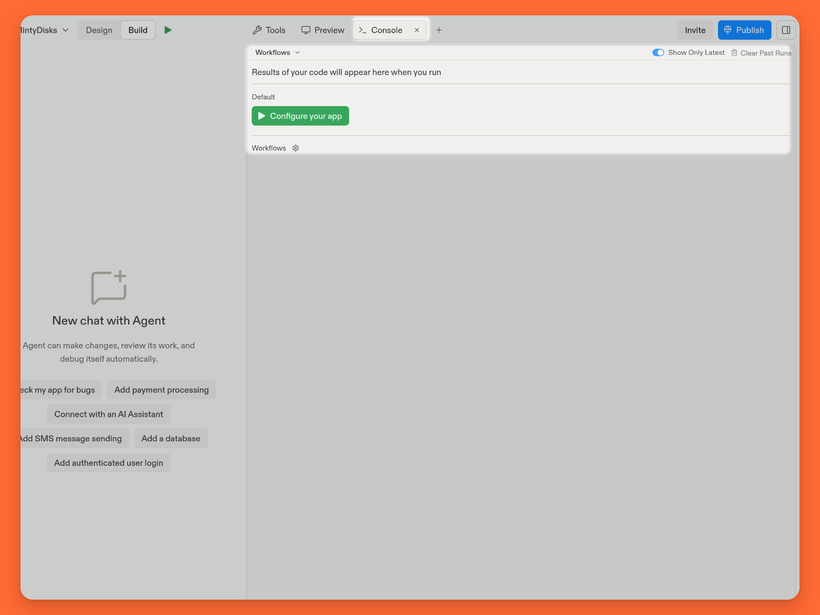 Project Editor with the Console tab and empty-run controls highlighted against a dimmed background