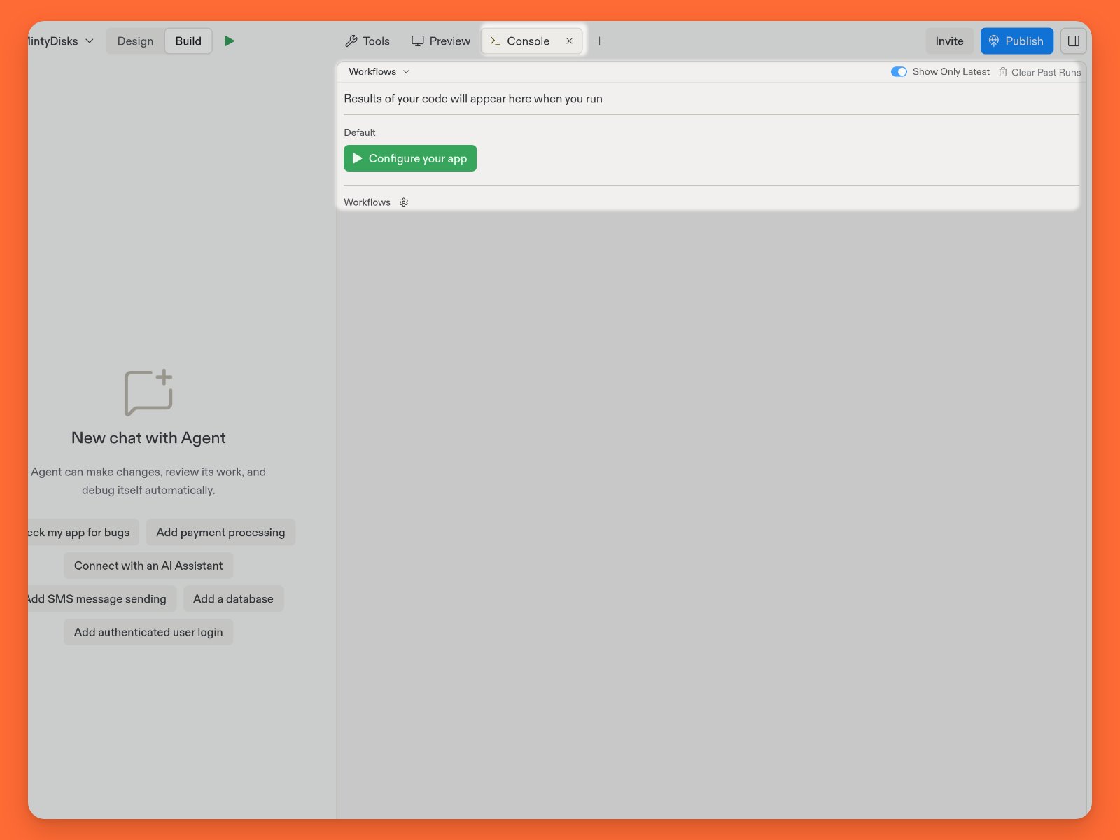 Project Editor with the Console tab and empty-run controls highlighted against a dimmed background
