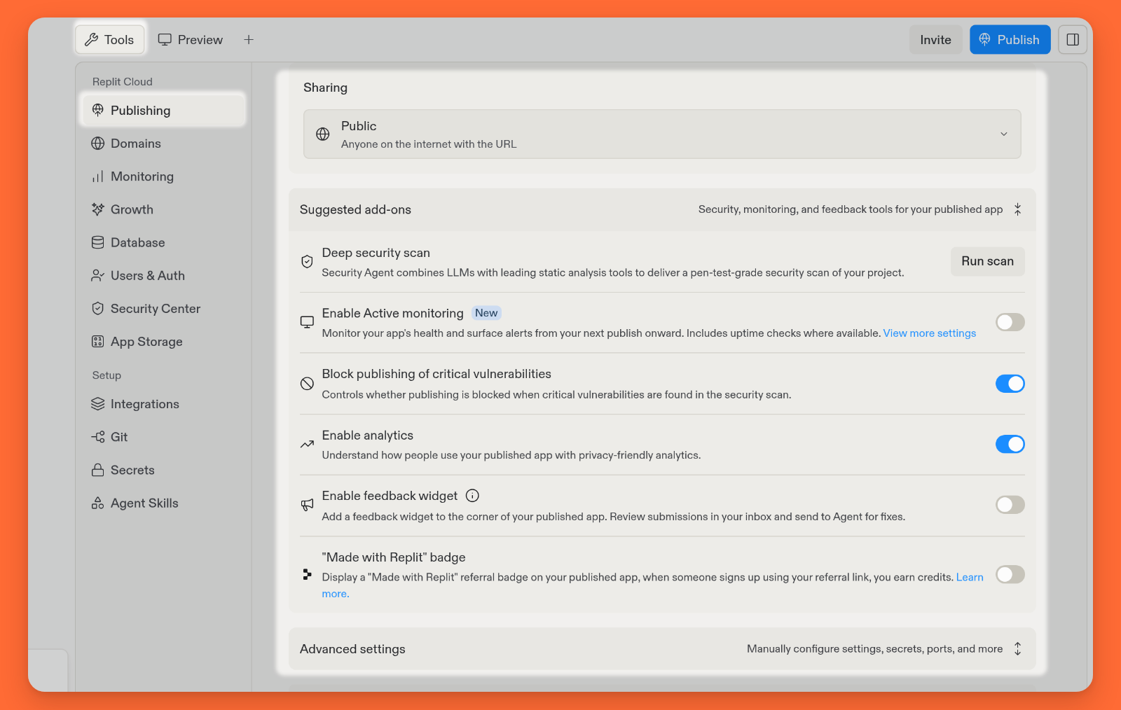 Tools navigation with Publishing selected, Sharing, Suggested add-ons, and Advanced settings