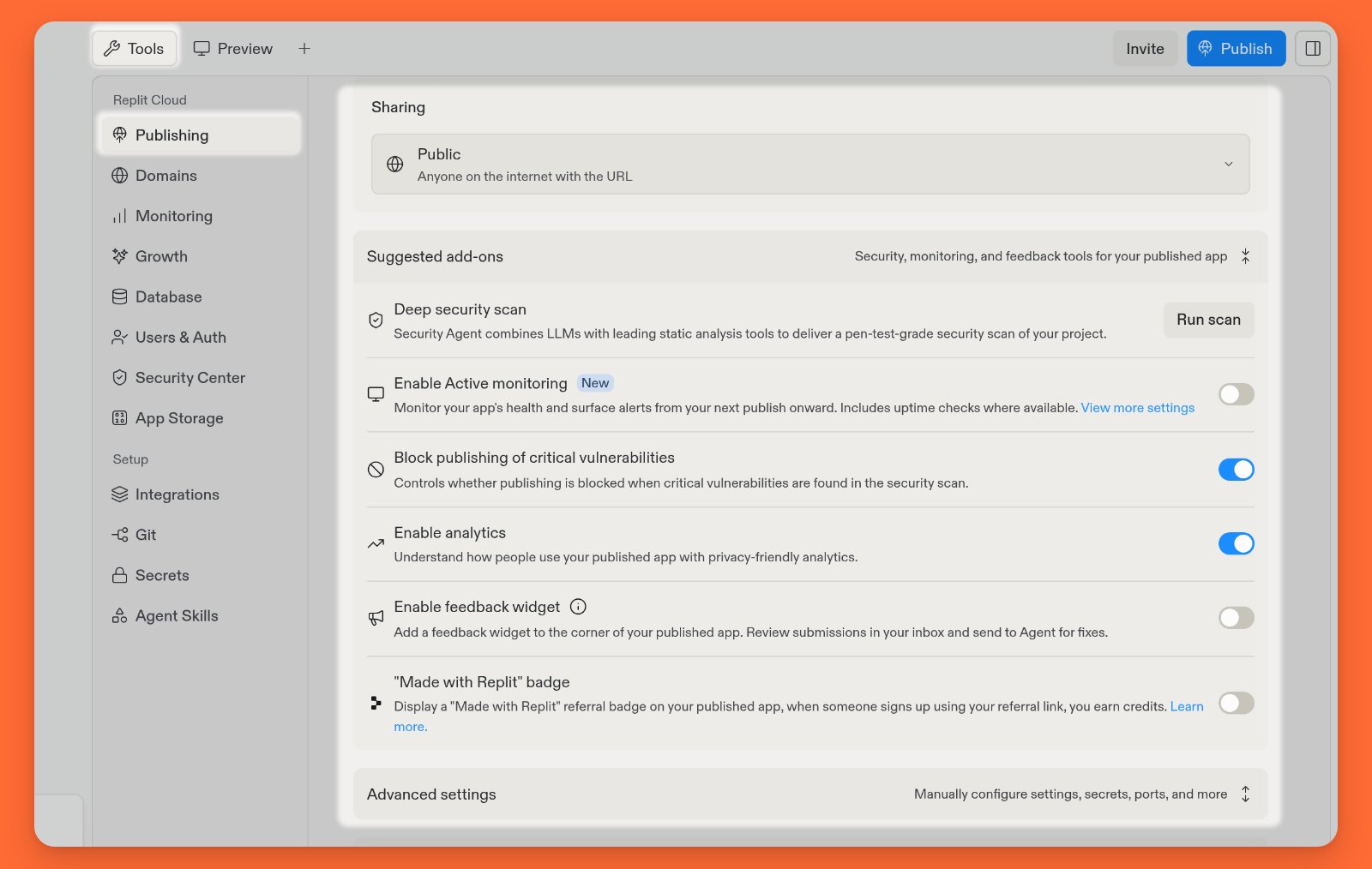 Tools navigation with Publishing selected, Sharing, Suggested add-ons, and Advanced settings