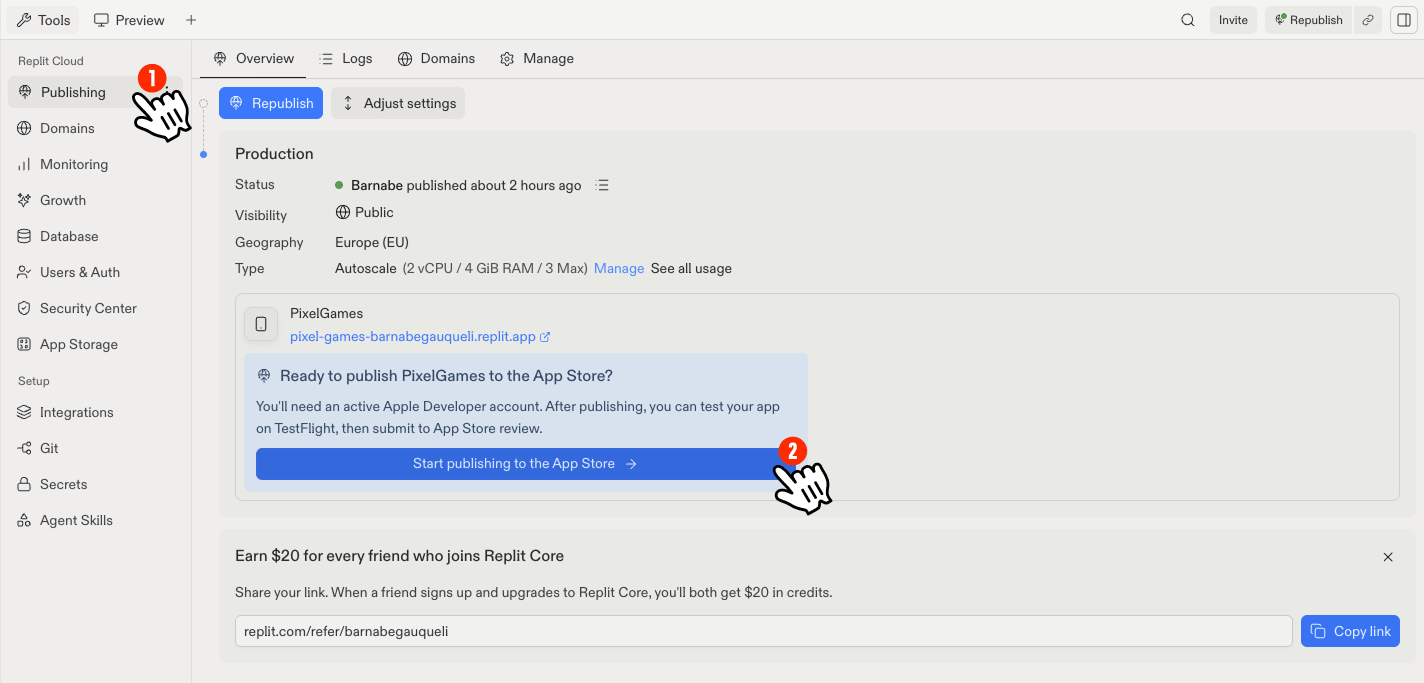 Replit Publishing tab with the Start publishing to the App Store button