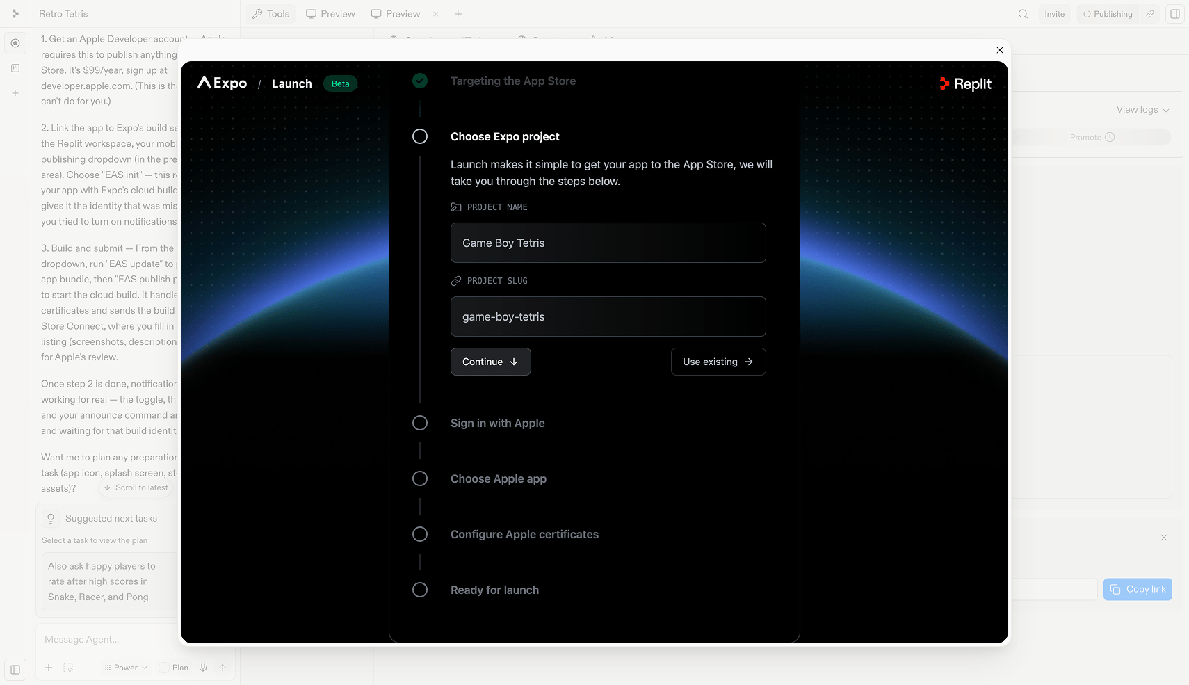 Launch wizard Choose Expo project step with project name and slug fields