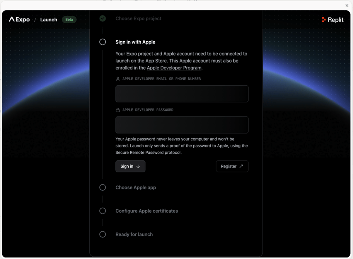 Launch wizard Sign in with Apple step with email and password fields