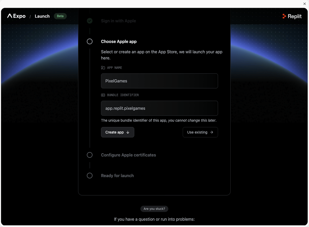Launch wizard Choose Apple app step with app name and bundle identifier fields