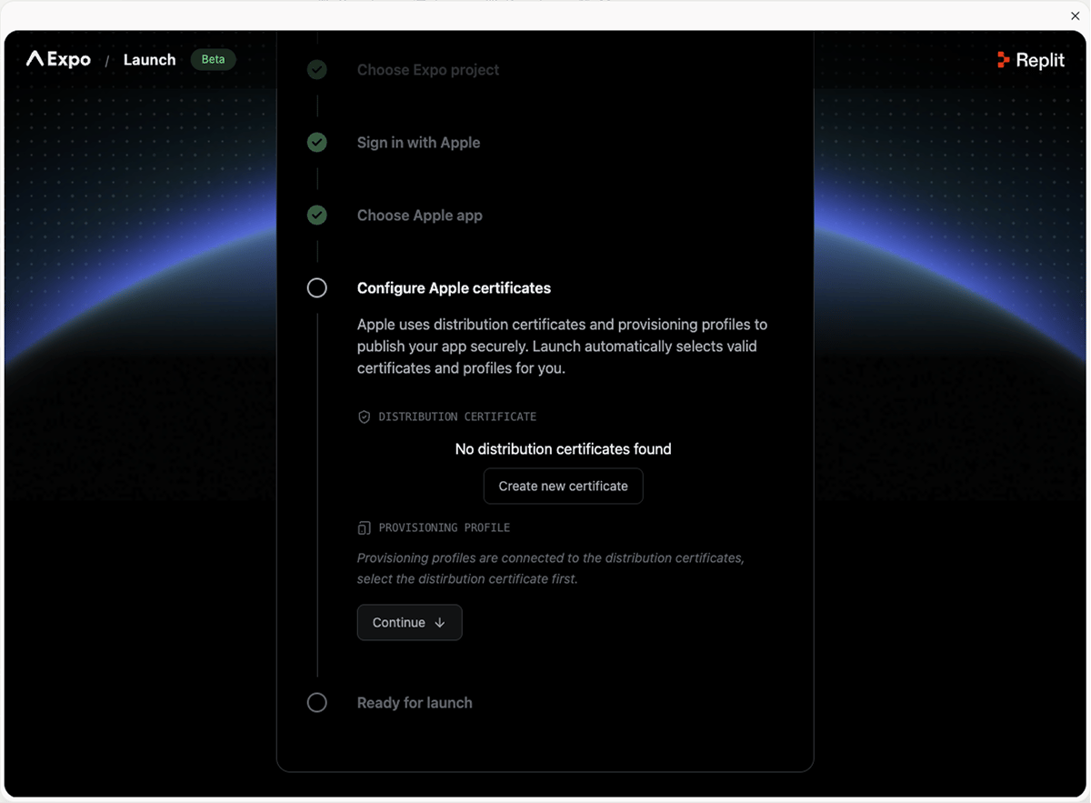 Launch wizard Configure Apple certificates step