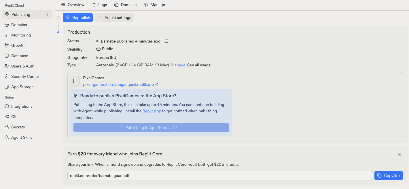 Replit Publishing tab showing Publishing to App Store in progress