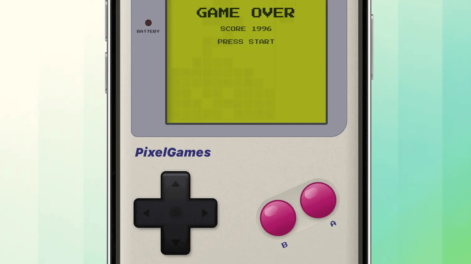 PixelGames Game Over screen showing a new high score