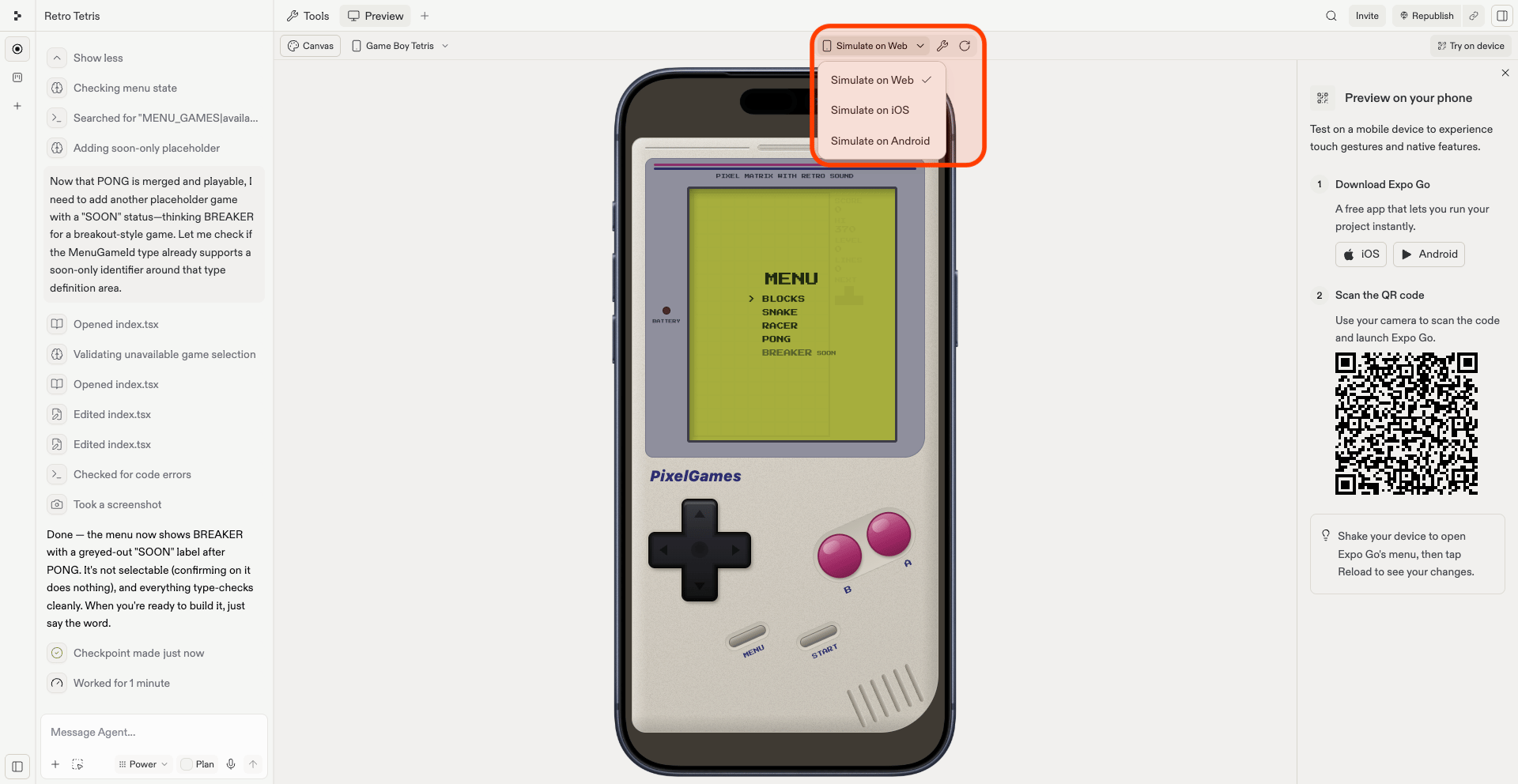 Replit preview pane with the Simulate on Web, iOS, or Android dropdown open