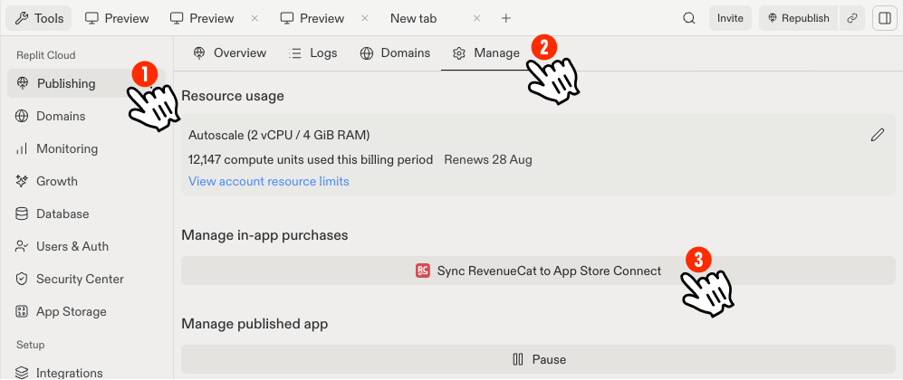 Replit Publishing pane with Manage tab open and Sync RevenueCat to App Store Connect button