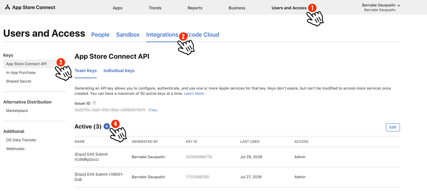 App Store Connect Users and Access page, Integrations tab, App Store Connect API section