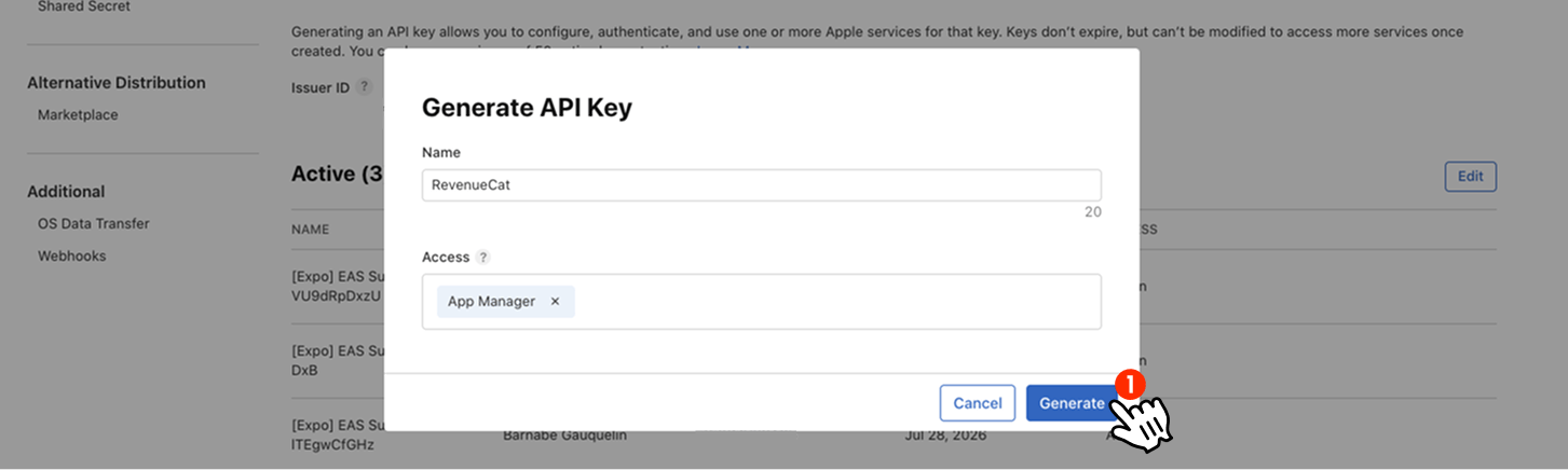 Generate API Key modal with name field and App Manager access selected