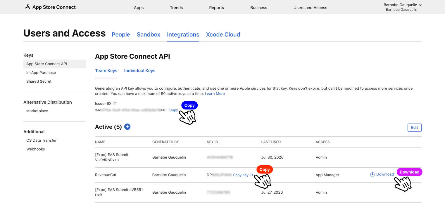 App Store Connect API keys list with the new RevenueCat key, Copy and Download actions