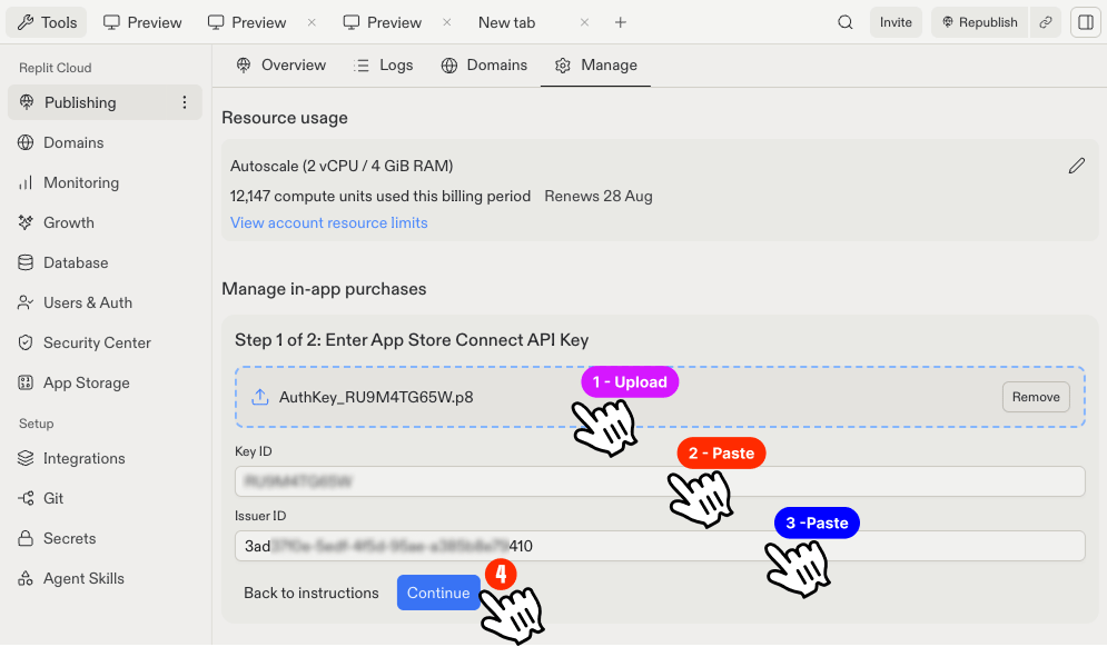 Replit modal Step 1 of 2, uploading the App Store Connect API key and pasting its details
