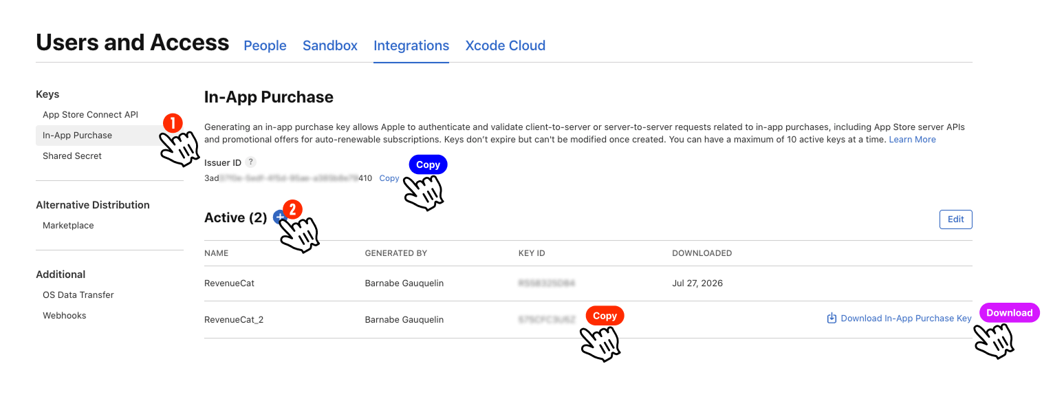 App Store Connect In-App Purchase key list with Download and Copy actions