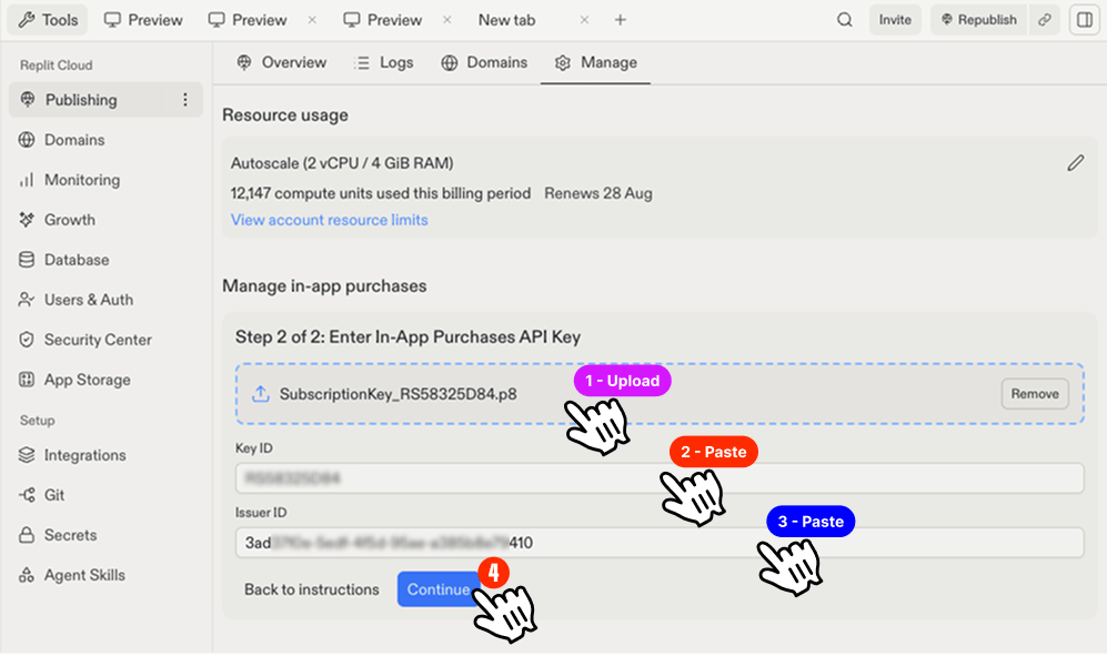 Replit modal Step 2 of 2, uploading the In-App Purchase API key and pasting its details