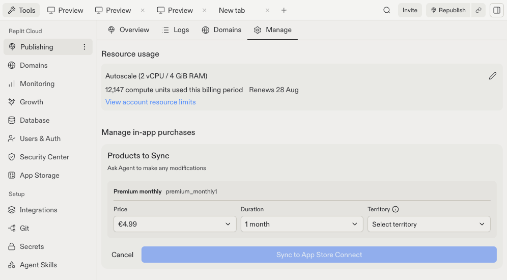 Replit Products to Sync screen with the premium monthly subscription ready to sync