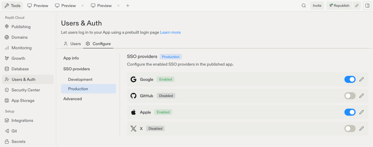 Replit Users and Auth pane showing SSO providers with Google and Apple enabled