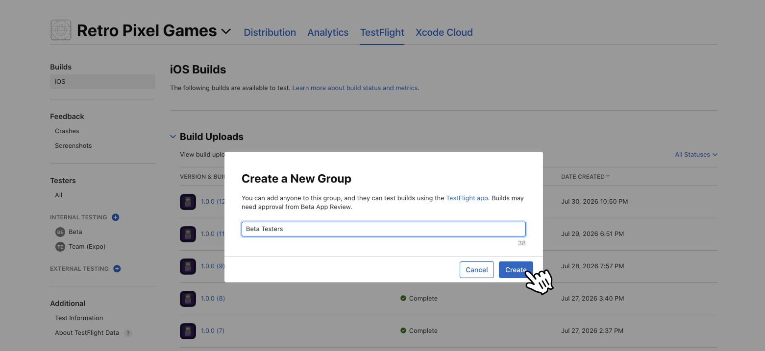 グループ名として Beta Testers が入力された Create a New Group ダイアログ