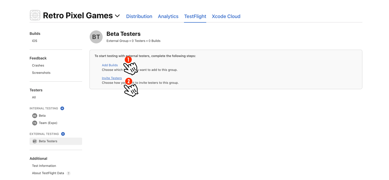 Add Builds と Invite Testers の手順が表示された Beta Testers グループのページ
