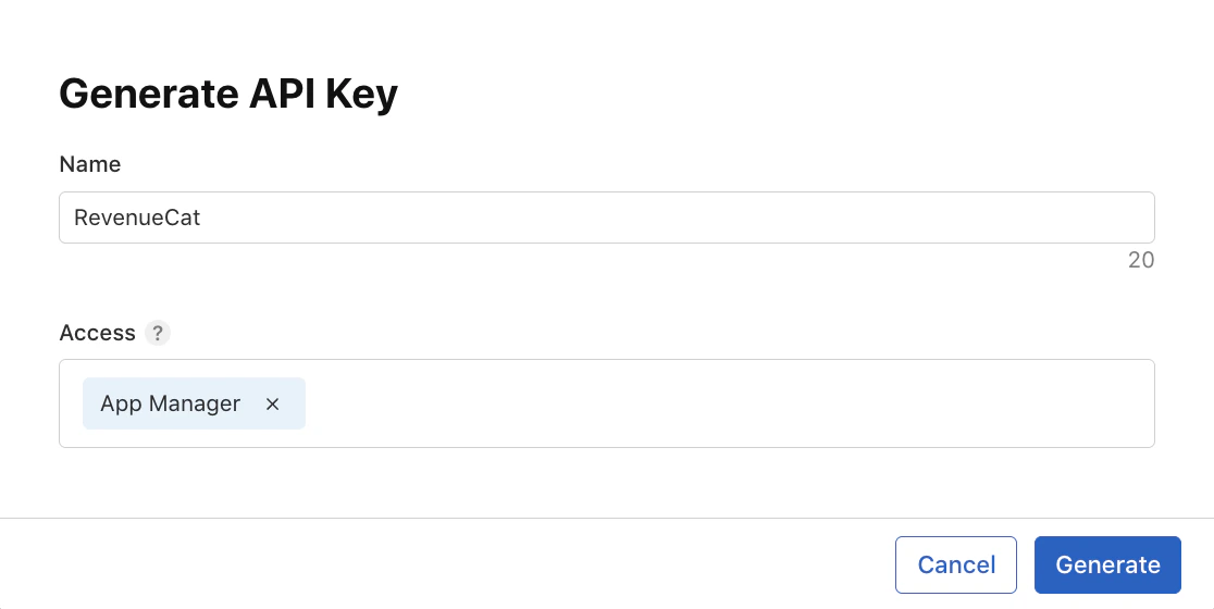 Generate API Key dialog in App Store Connect with the name set to RevenueCat and Access set to App Manager