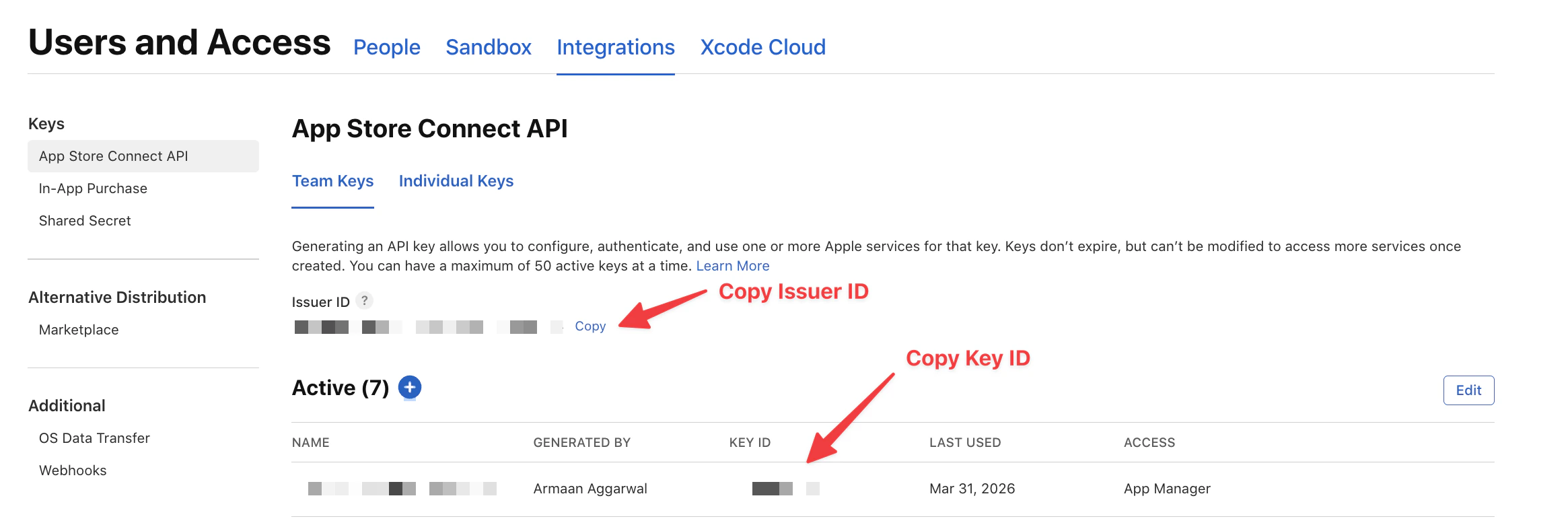 App Store Connect API keys page with arrows pointing to the Issuer ID Copy link and the Key ID column