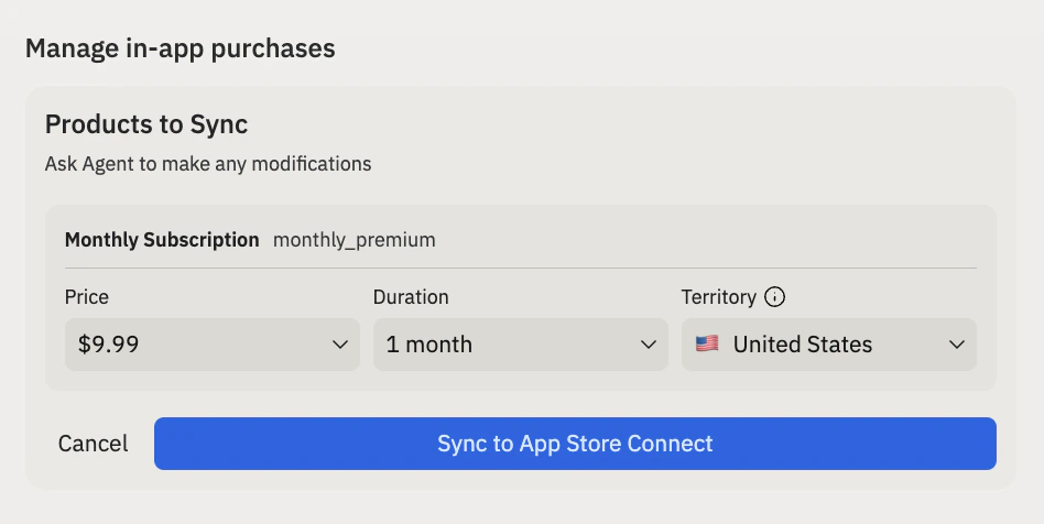 Manage in-app purchases dialog showing a Monthly Subscription product with price, duration, and territory fields, and a Sync to App Store Connect button