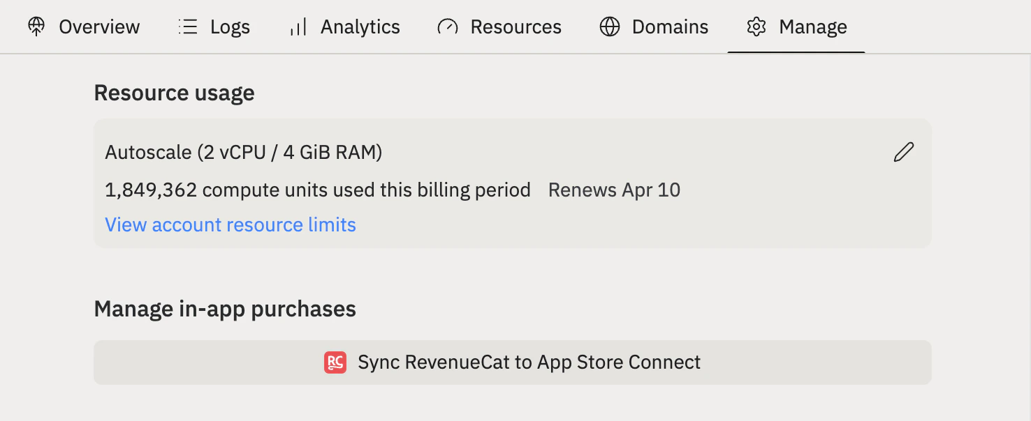 Sync RevenueCat to App Store Connect button