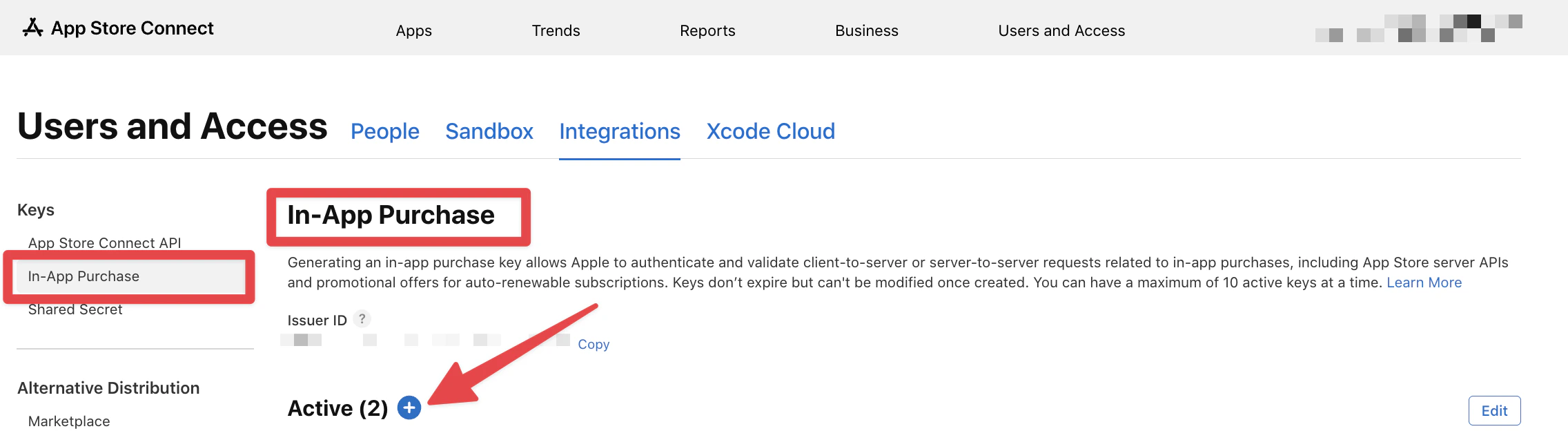 App Store Connect Users and Access page with In-App Purchase selected in the sidebar and an arrow pointing to the plus button to create a new key