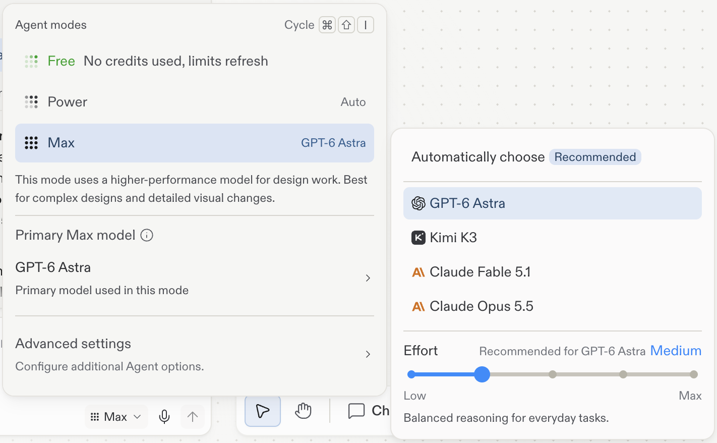 The Agent modes popover showing Free, Power, and Max, with Max selected. Automatically choose is recommended; GPT-6 Astra is selected alongside Kimi K3, Claude Fable 5.1, and Claude Opus 5.5. Effort is set to Medium.