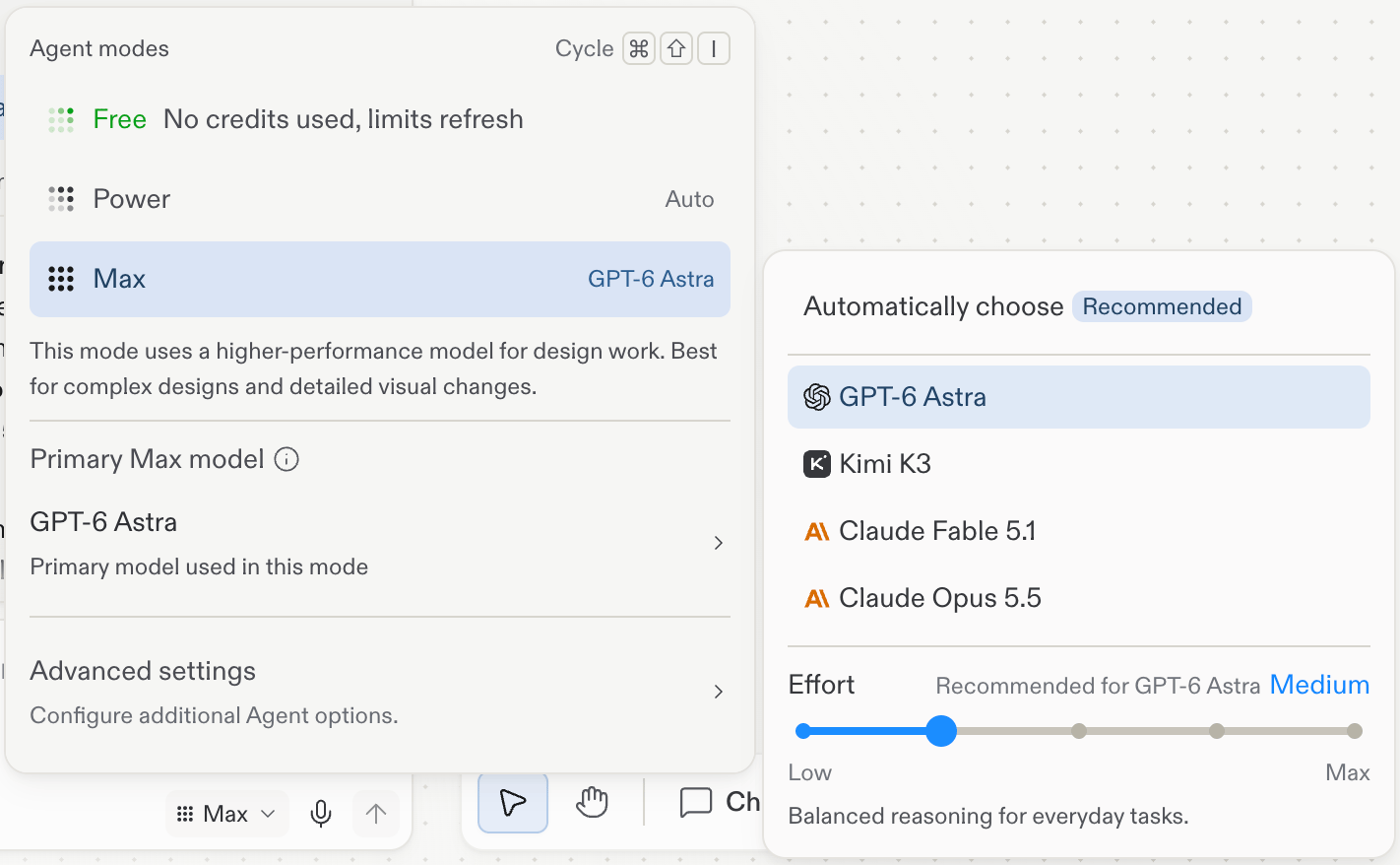 The Agent modes popover showing Free, Power, and Max, with Max selected. Automatically choose is recommended; GPT-6 Astra is selected alongside Kimi K3, Claude Fable 5.1, and Claude Opus 5.5. Effort is set to Medium.